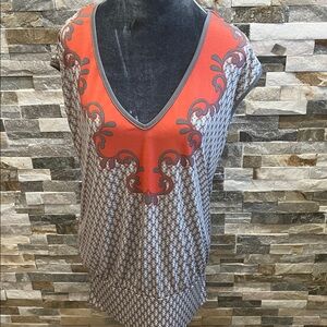 Max Studio Coral and Gray V-Neck Printed Tunic